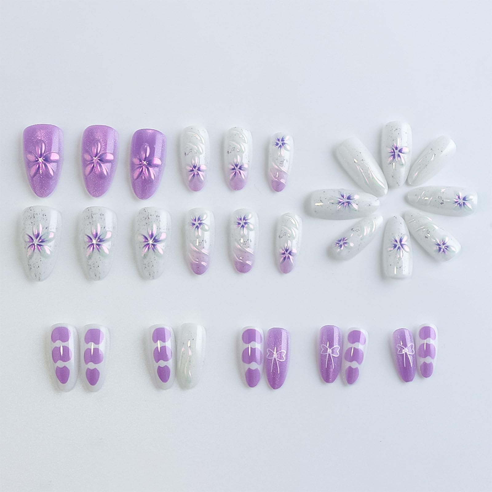 HZJXRT 3D Flower Press On Nails – Purple Glitter Almond Medium, 24Pcs
