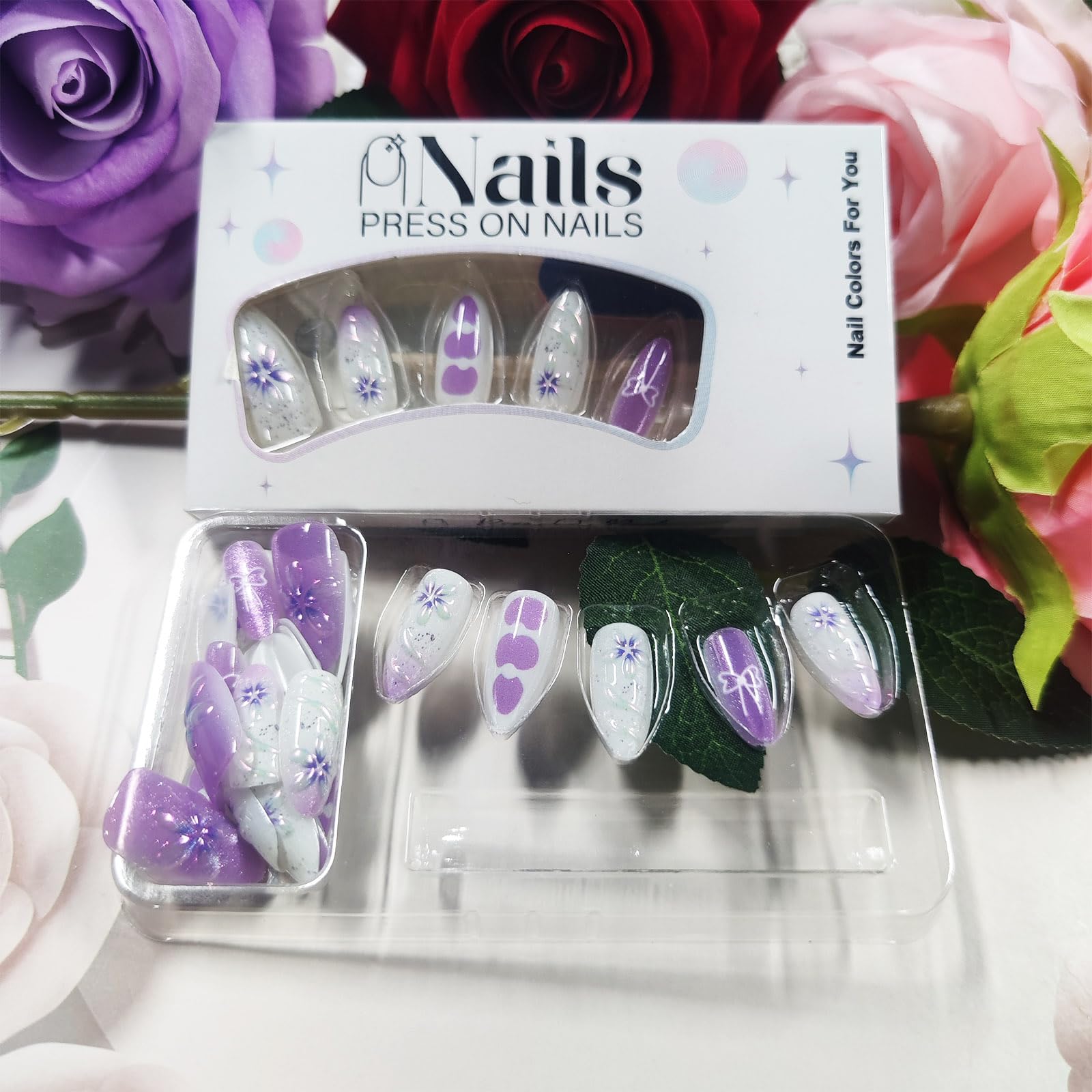 HZJXRT 3D Flower Press On Nails – Purple Glitter Almond Medium, 24Pcs
