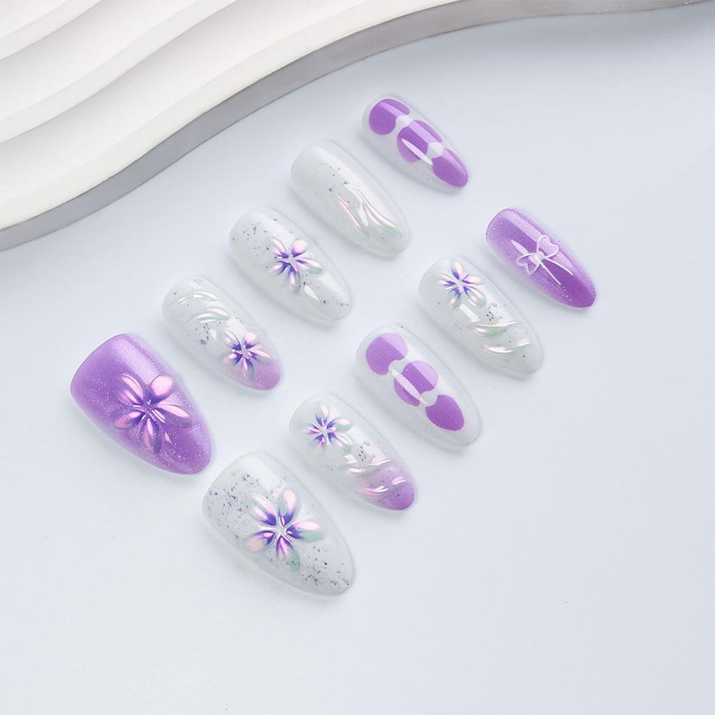 HZJXRT 3D Flower Press On Nails – Purple Glitter Almond Medium, 24Pcs