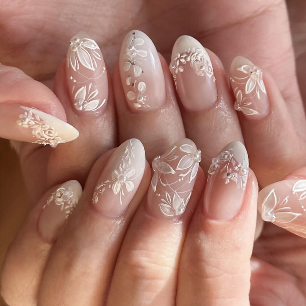 HZJXRT 3D Spring Flower Press-On Nails - Almond Medium, Yellow French Tips, 24 Pcs