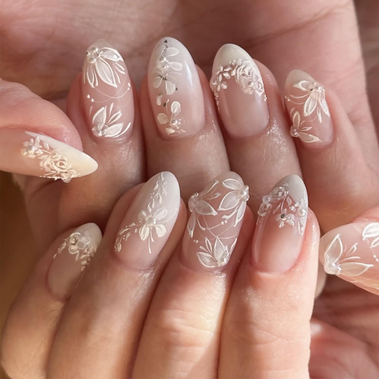 HZJXRT 3D Spring Flower Press-On Nails - Almond Medium, Yellow French Tips, 24 Pcs