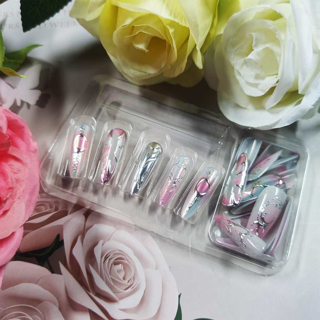 HZJXRT 30 Pcs 3D Love Heart Press-On Nails – Almond Medium, Glossy Pink Glitter Gradient for Valentine