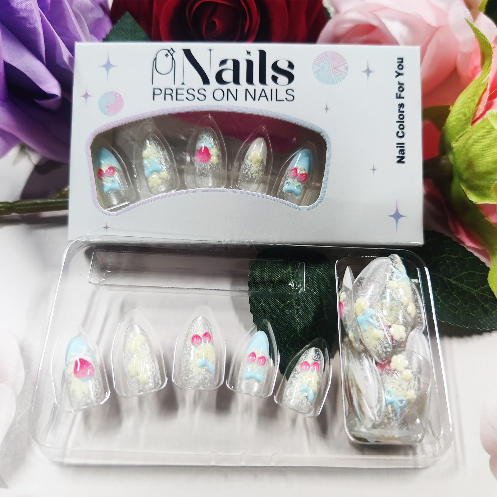 HZJXRT 24Pcs 3D Strawberry Press-On Nails – Almond Medium, Blue Bow Tie French Tips