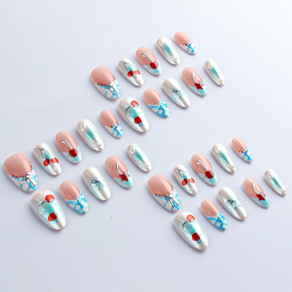 HZJXRT 3D Bow Tie Press-On Nails Cherry – Almond Medium, Blue Glitter French Tips, Red Stars (24Pcs)