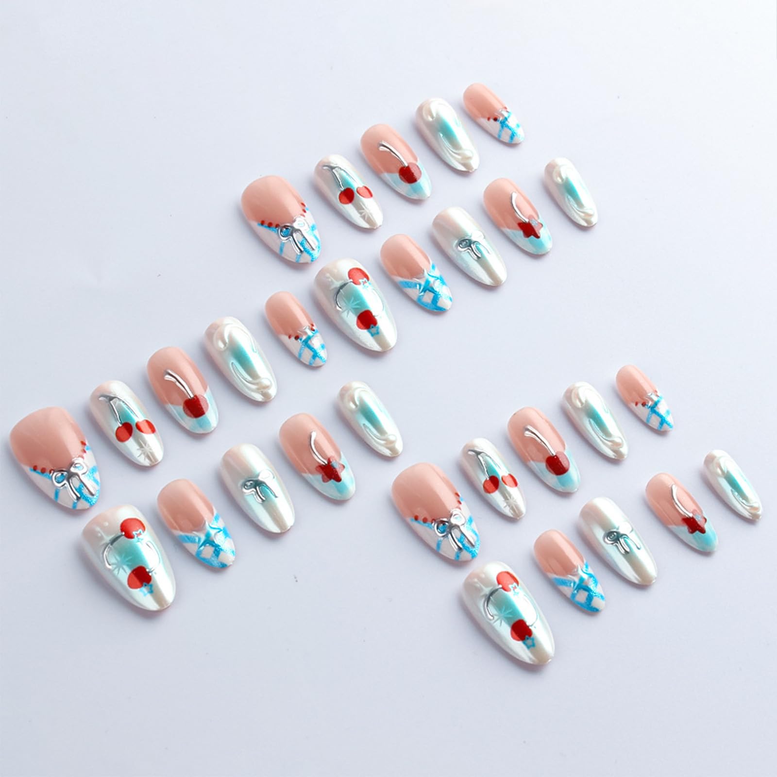 HZJXRT 3D Bow Tie Press-On Nails Cherry – Almond Medium, Blue Glitter French Tips, Red Stars (24Pcs)