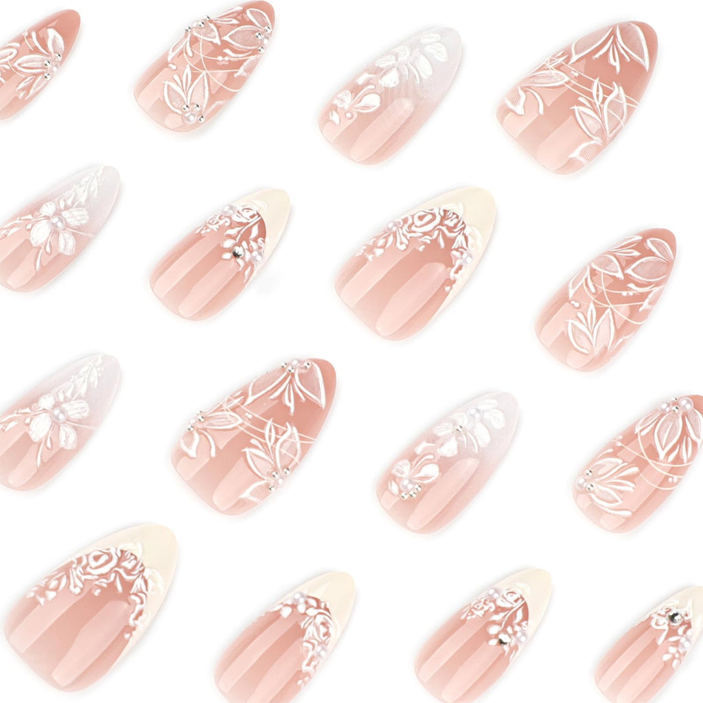 HZJXRT 3D Spring Flower Press-On Nails - Almond Medium, Yellow French Tips, 24 Pcs