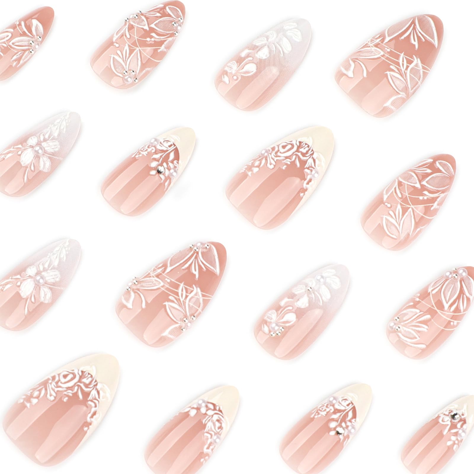 HZJXRT 3D Spring Flower Press-On Nails - Almond Medium, Yellow French Tips, 24 Pcs