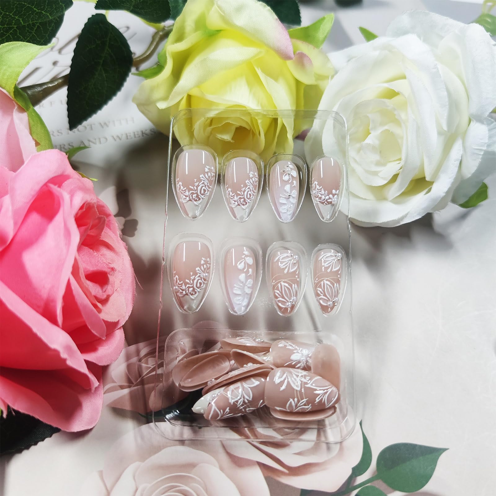 HZJXRT 3D Spring Flower Press-On Nails - Almond Medium, Yellow French Tips, 24 Pcs