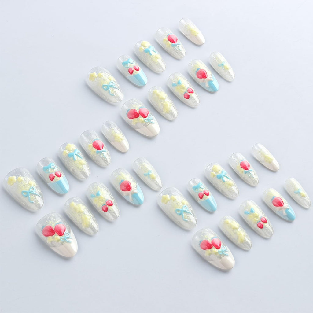 HZJXRT 24Pcs 3D Strawberry Press-On Nails – Almond Medium, Blue Bow Tie French Tips