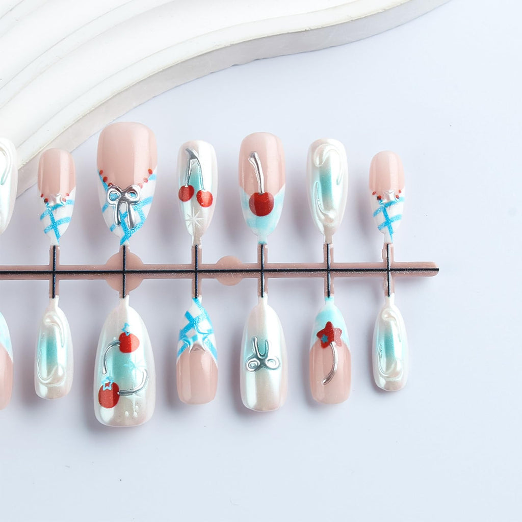 HZJXRT 3D Bow Tie Press-On Nails Cherry – Almond Medium, Blue Glitter French Tips, Red Stars (24Pcs)