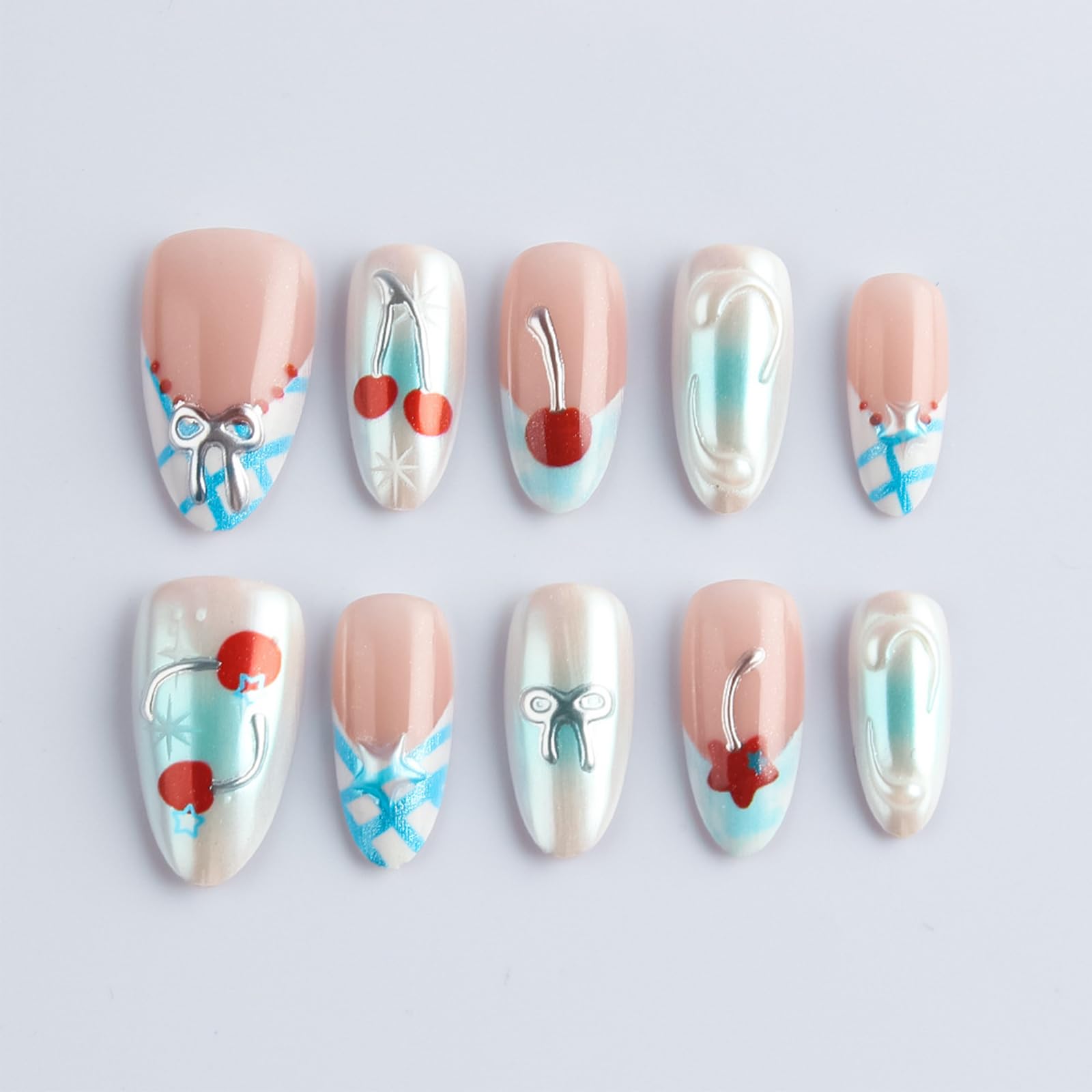 HZJXRT 3D Bow Tie Press-On Nails Cherry – Almond Medium, Blue Glitter French Tips, Red Stars (24Pcs)