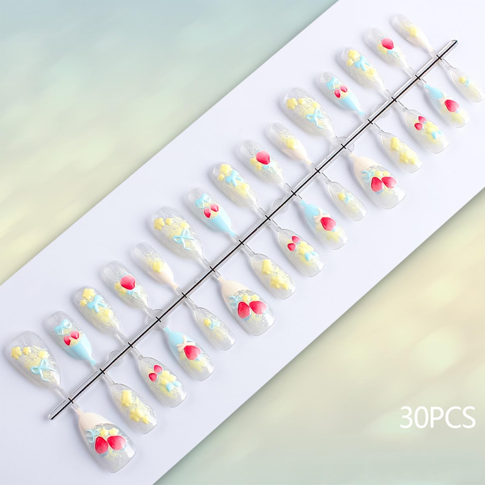 HZJXRT 24Pcs 3D Strawberry Press-On Nails – Almond Medium, Blue Bow Tie French Tips