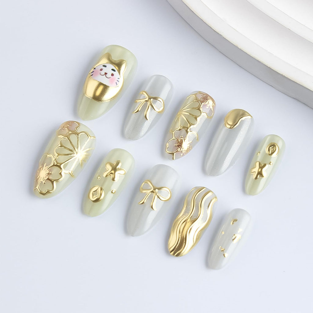 HZJXRT 24Pcs Money Cat Nail Set – Glossy Gold Curve Line, Almond Medium, Press-On Nails with 3D Bow Tie (Valentine Gift)