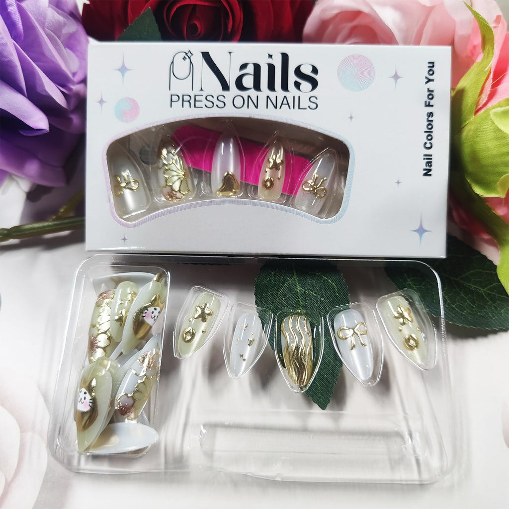 HZJXRT 24Pcs Money Cat Nail Set – Glossy Gold Curve Line, Almond Medium, Press-On Nails with 3D Bow Tie (Valentine Gift)