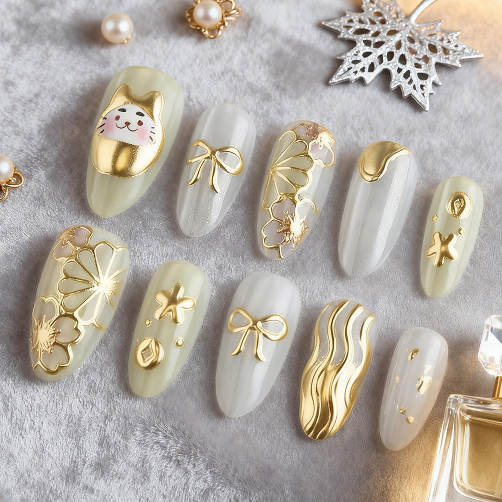HZJXRT 24Pcs Money Cat Nail Set – Glossy Gold Curve Line, Almond Medium, Press-On Nails with 3D Bow Tie (Valentine Gift)