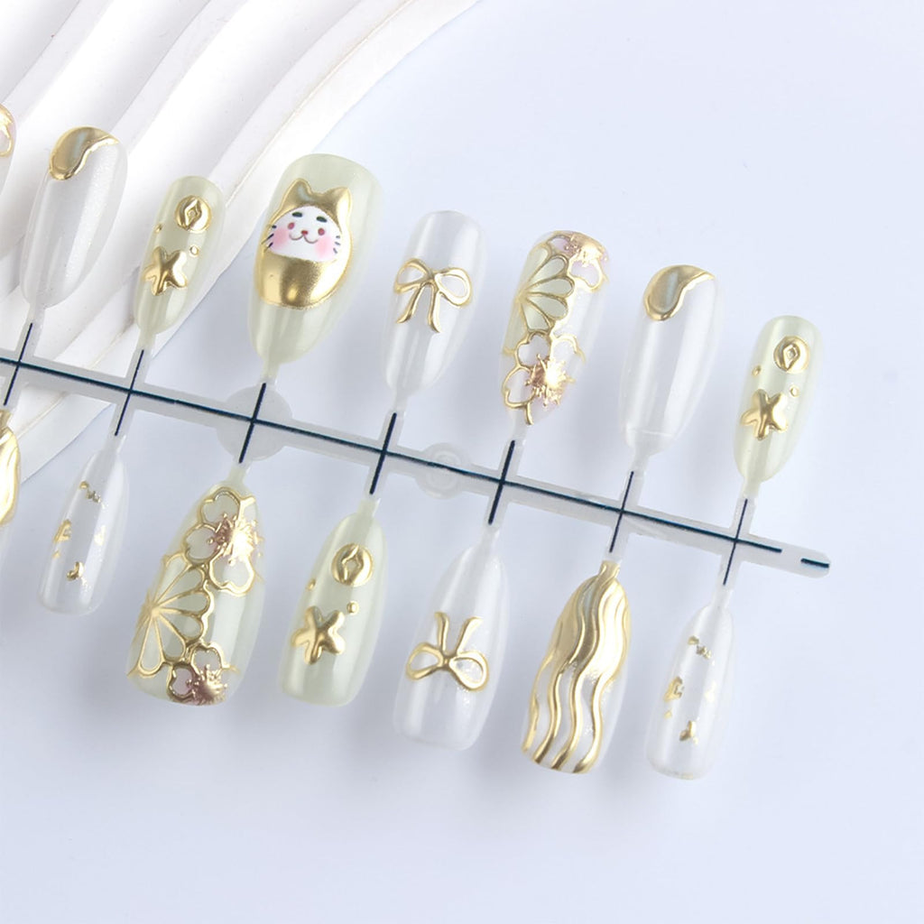 HZJXRT 24Pcs Money Cat Nail Set – Glossy Gold Curve Line, Almond Medium, Press-On Nails with 3D Bow Tie (Valentine Gift)