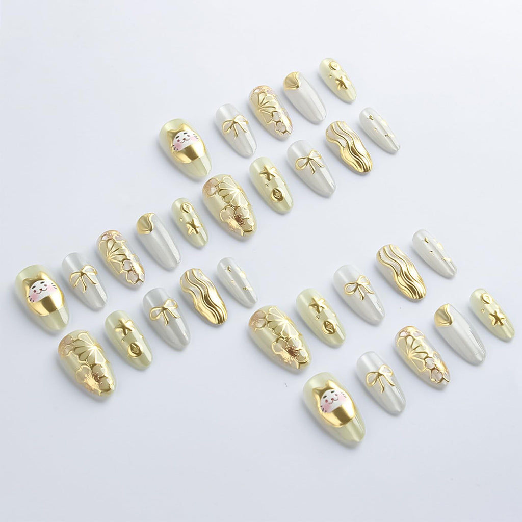 HZJXRT 24Pcs Money Cat Nail Set – Glossy Gold Curve Line, Almond Medium, Press-On Nails with 3D Bow Tie (Valentine Gift)