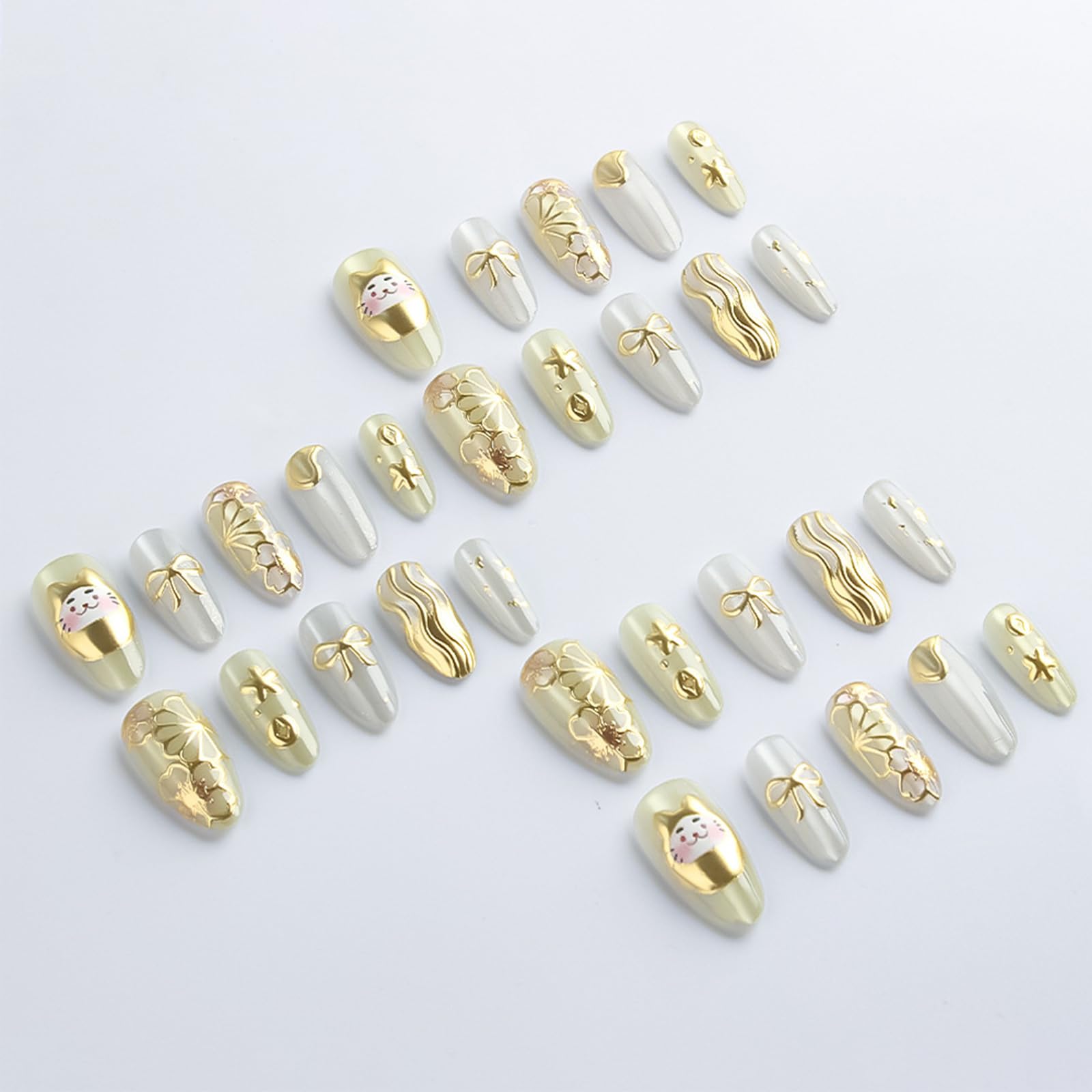 HZJXRT 24Pcs Money Cat Nail Set – Glossy Gold Curve Line, Almond Medium, Press-On Nails with 3D Bow Tie (Valentine Gift)