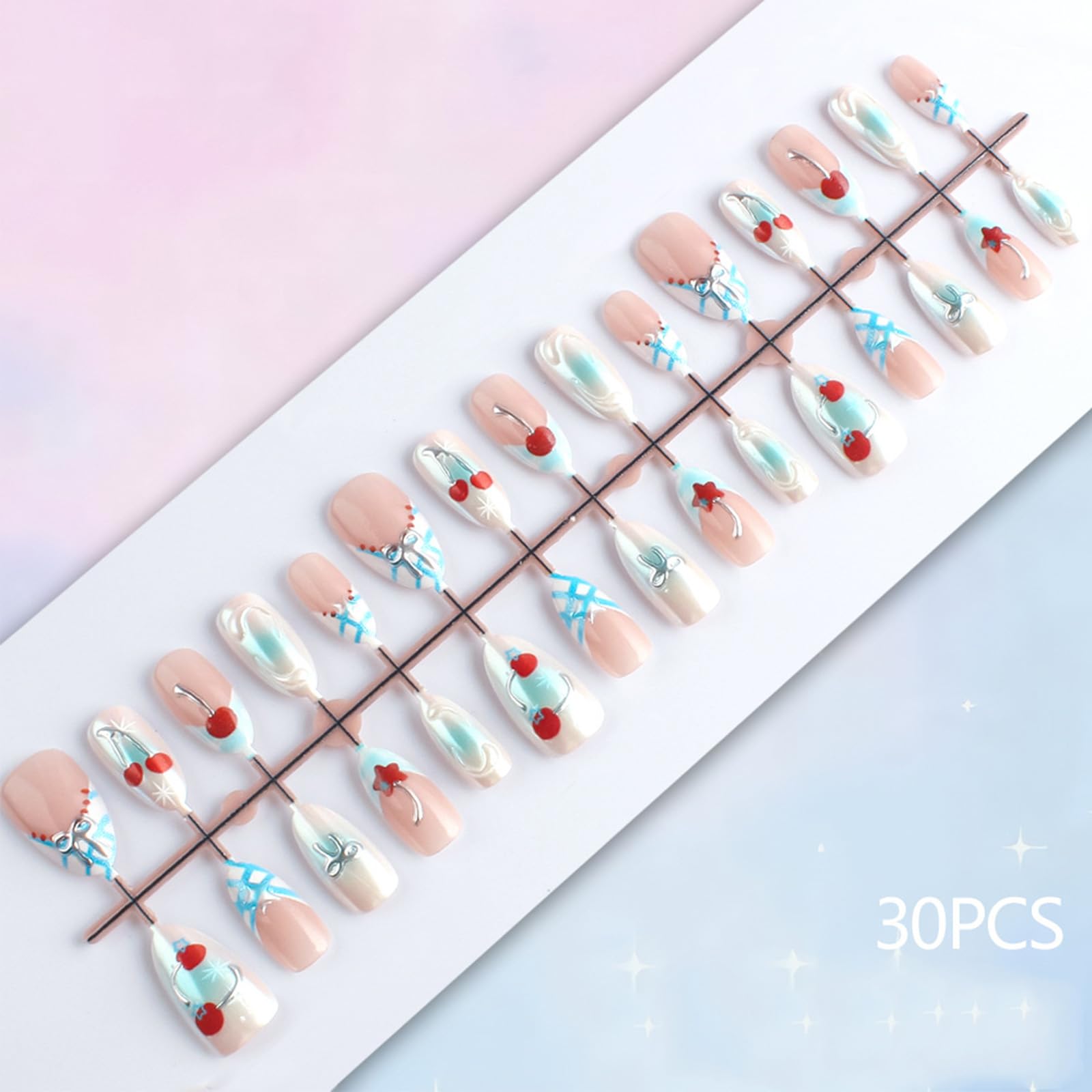 HZJXRT 3D Bow Tie Press-On Nails Cherry – Almond Medium, Blue Glitter French Tips, Red Stars (24Pcs)