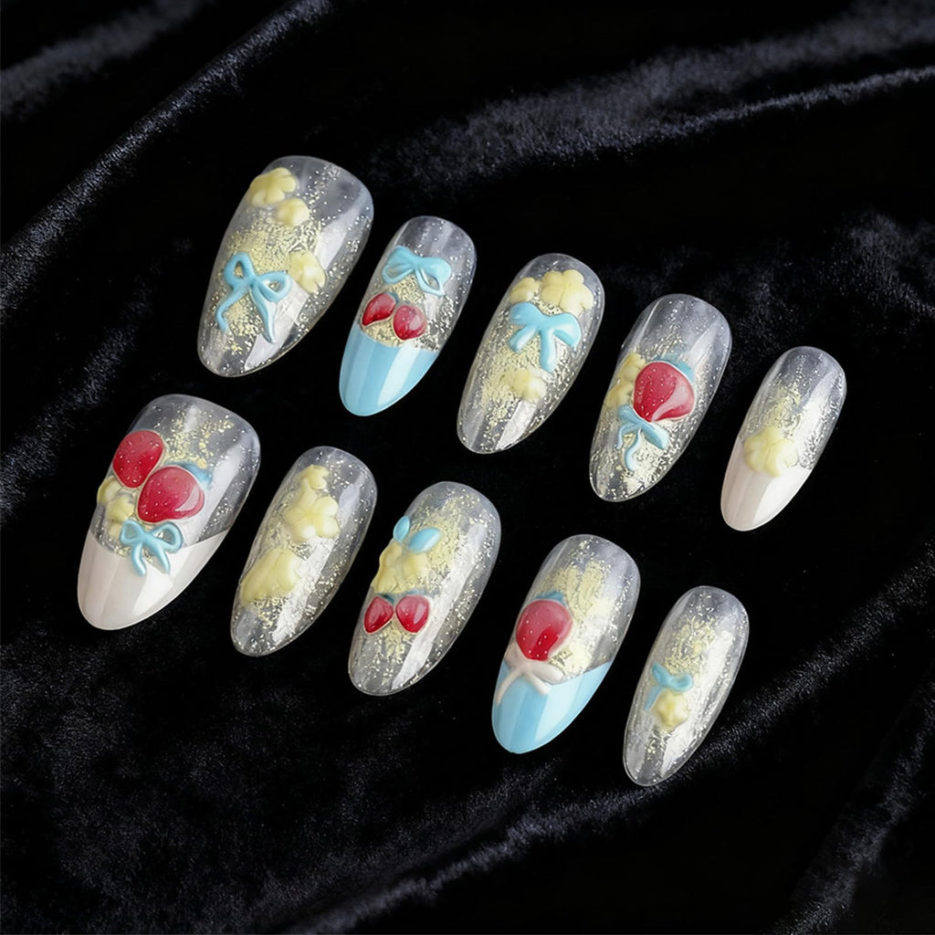 HZJXRT 24Pcs 3D Strawberry Press-On Nails – Almond Medium, Blue Bow Tie French Tips
