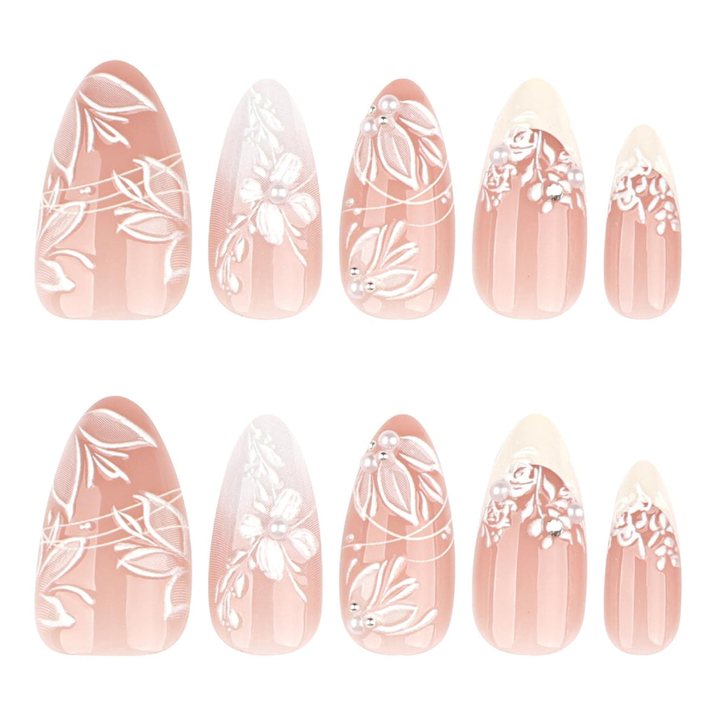 HZJXRT 3D Spring Flower Press-On Nails - Almond Medium, Yellow French Tips, 24 Pcs