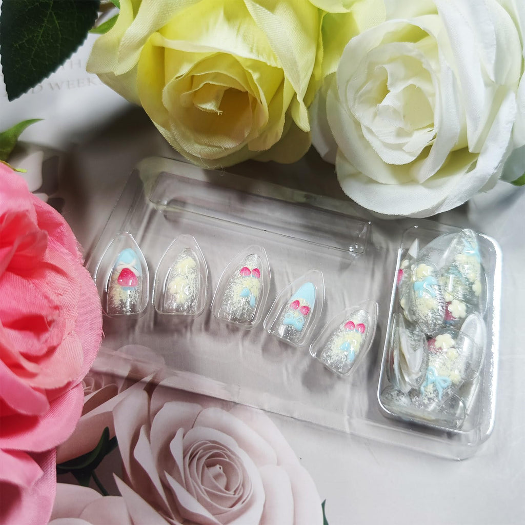HZJXRT 24Pcs 3D Strawberry Press-On Nails – Almond Medium, Blue Bow Tie French Tips