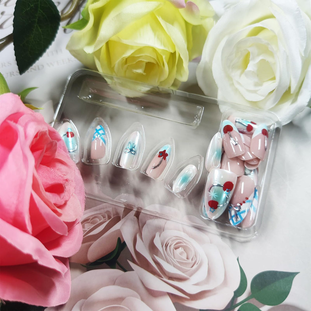 HZJXRT 3D Bow Tie Press-On Nails Cherry – Almond Medium, Blue Glitter French Tips, Red Stars (24Pcs)