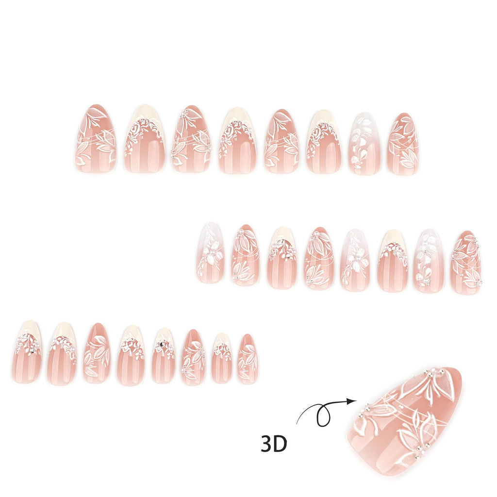 HZJXRT 3D Spring Flower Press-On Nails - Almond Medium, Yellow French Tips, 24 Pcs