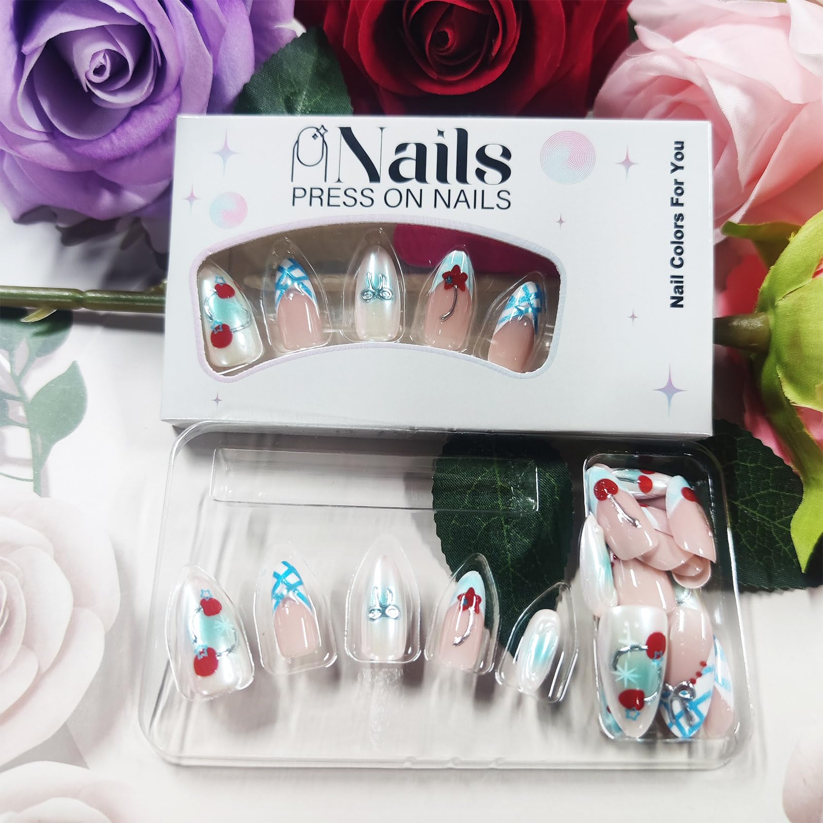 HZJXRT 3D Bow Tie Press-On Nails Cherry – Almond Medium, Blue Glitter French Tips, Red Stars (24Pcs)
