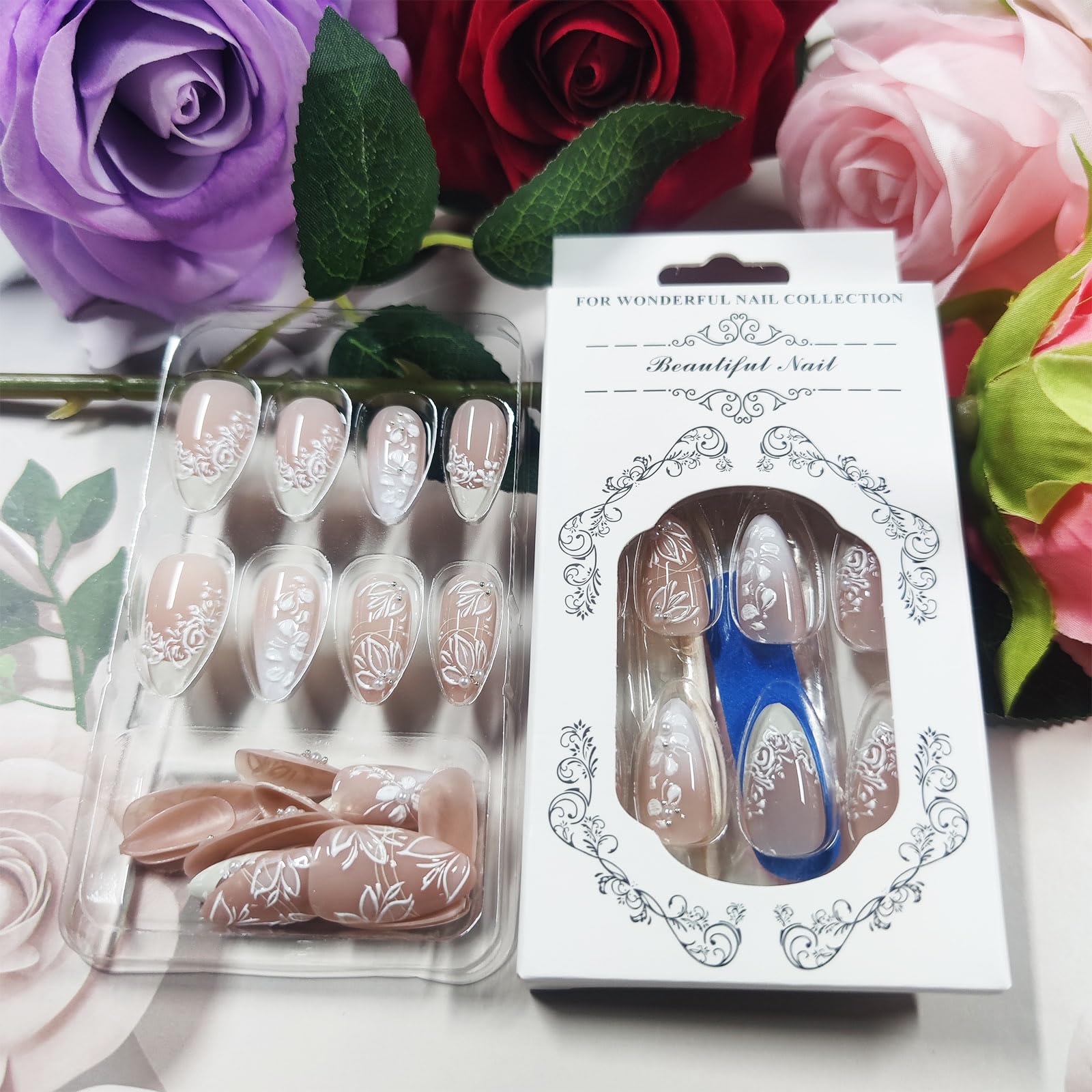 HZJXRT 3D Spring Flower Press-On Nails - Almond Medium, Yellow French Tips, 24 Pcs