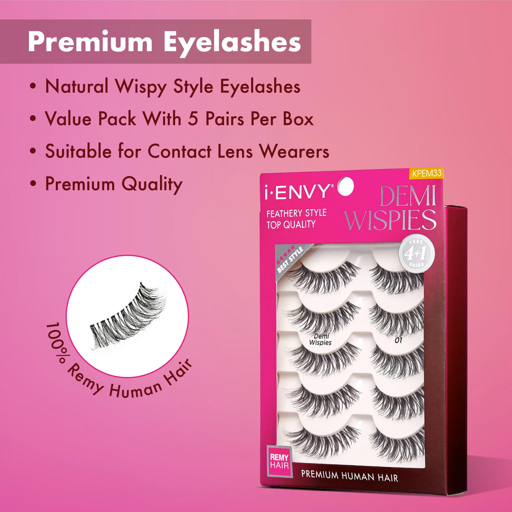 i•ENVY Demi Wispies Lashes – 30 Pairs (6 Pack), 100% Human Hair, Lightweight & Reusable