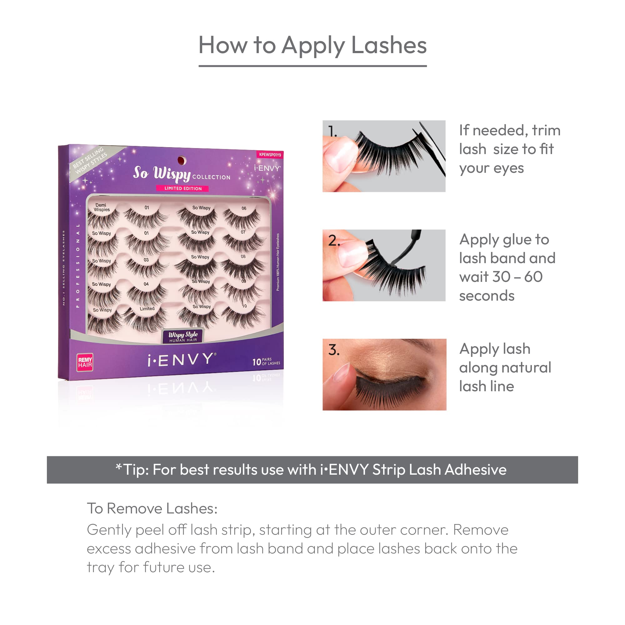 i-ENVY 10 Pairs So Wispy Human Hair Eyelashes Multipack | Invisible Band, Lightweight & Reusable