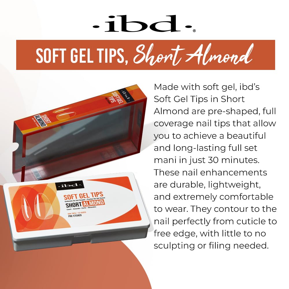 IBD Clear Soft Gel Nail Tips – Pre-Etched Short Almond Press-On Nails, 504 Pcs, 12 Sizes