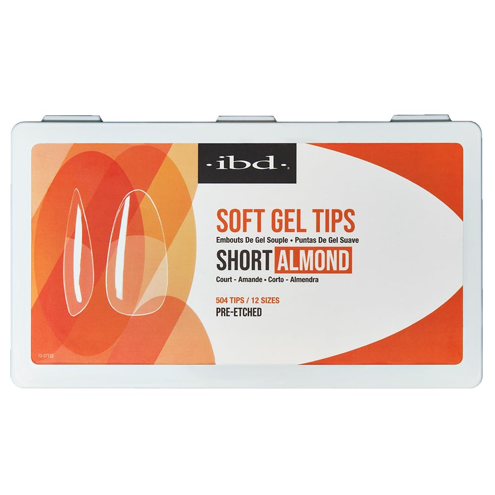 IBD Clear Soft Gel Nail Tips – Pre-Etched Short Almond Press-On Nails, 504 Pcs, 12 Sizes