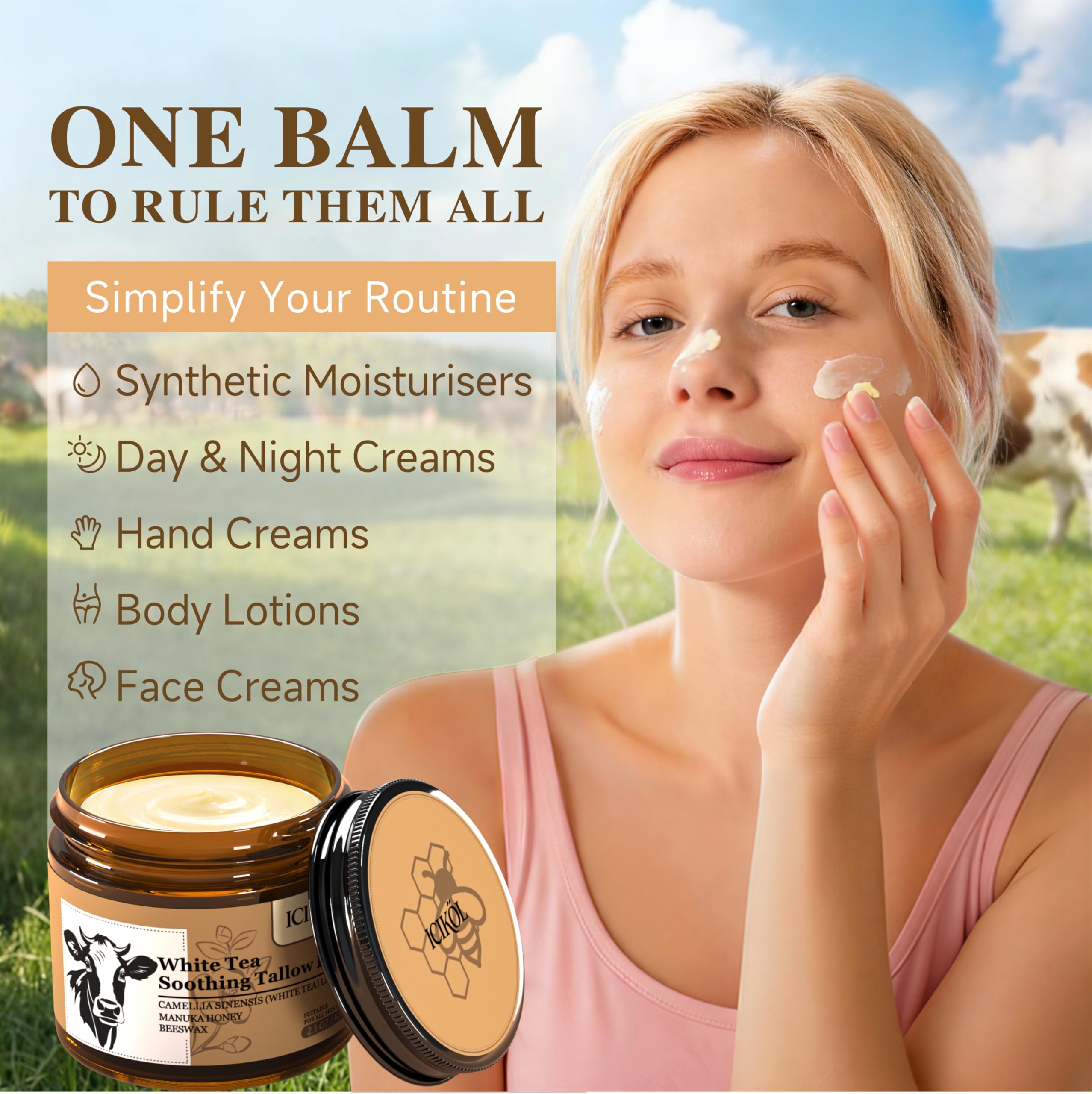 ICIKOL Beef Tallow Honey Balm | Grass-Fed Tallow Moisturizer for Face & Body – 2.1 oz