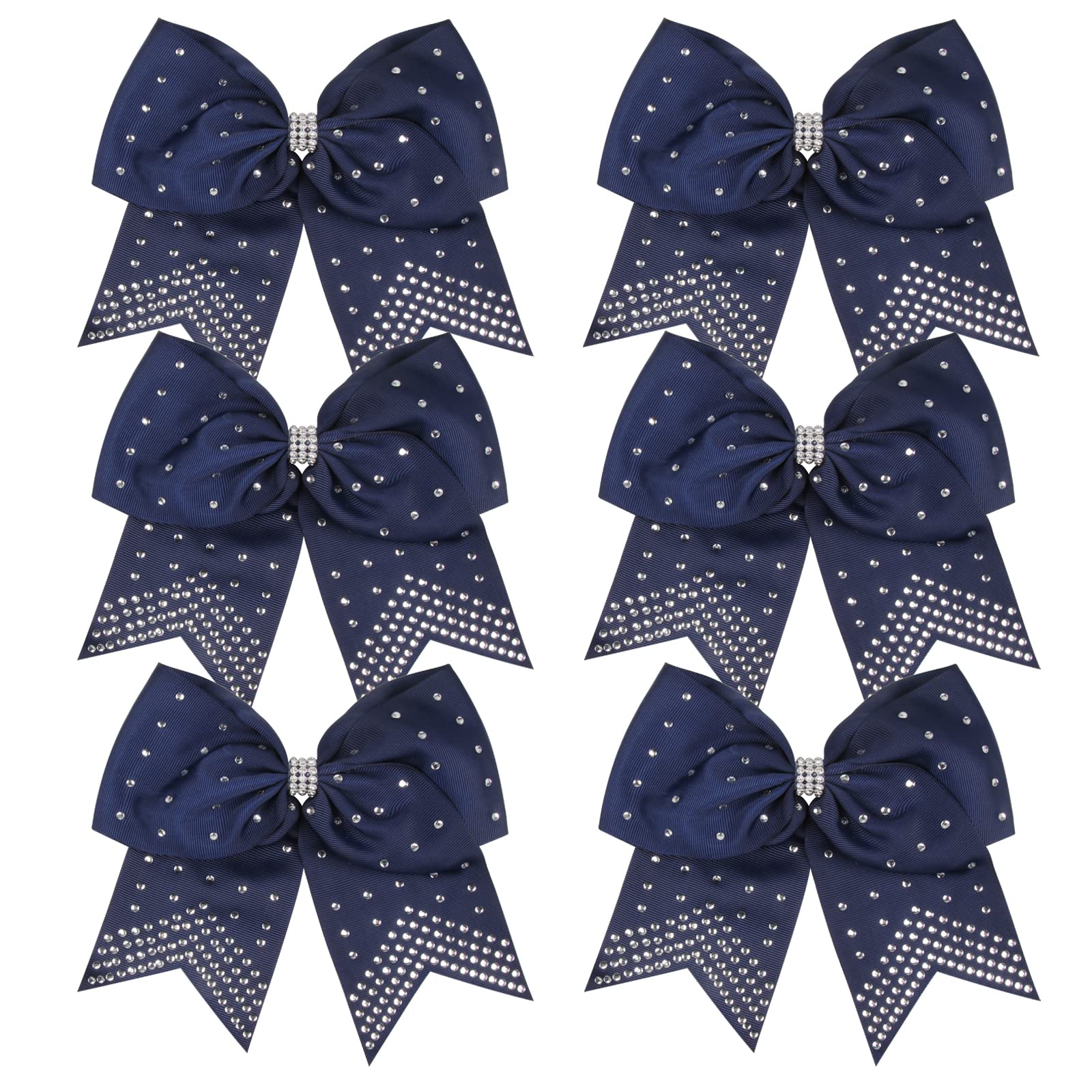 ICObuty 8 Inch Cheerleader Bows — Navy Blue Rhinestone Hair Ties, 6 Pcs