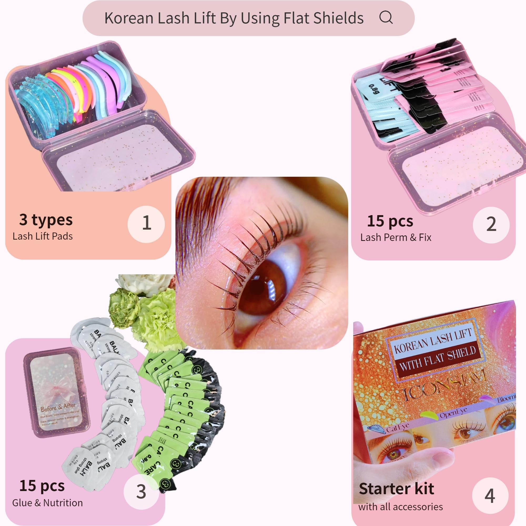 ICONSIAM Korean Lash Lift Kit with Flat Shields – Rose Sachet, 15 Applications, Professional Salon Starter Set