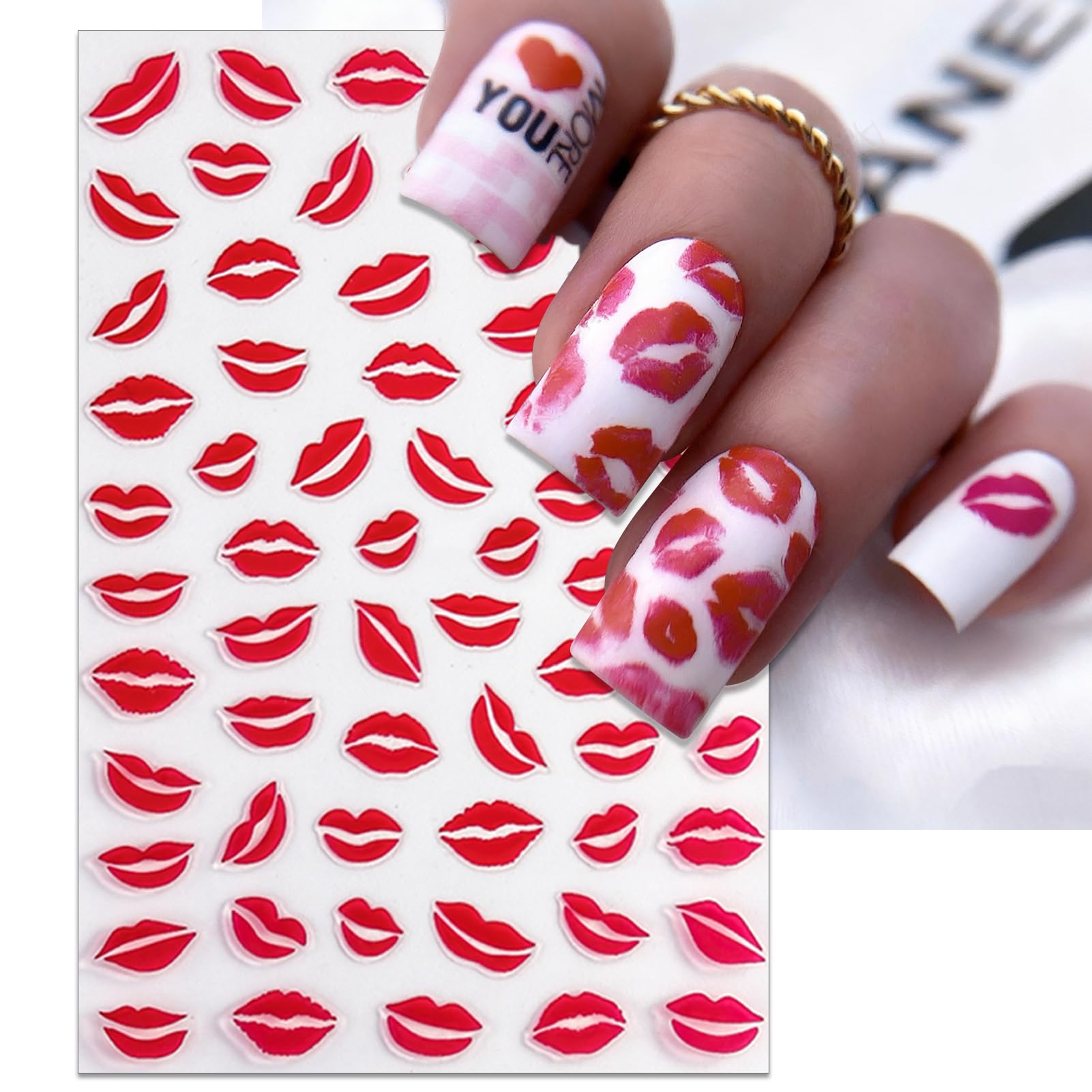 IDDFEVE 6 Sheets Lip Nail Stickers – Valentine Kiss Self-Adhesive Nail Decals for Bold Nail Art