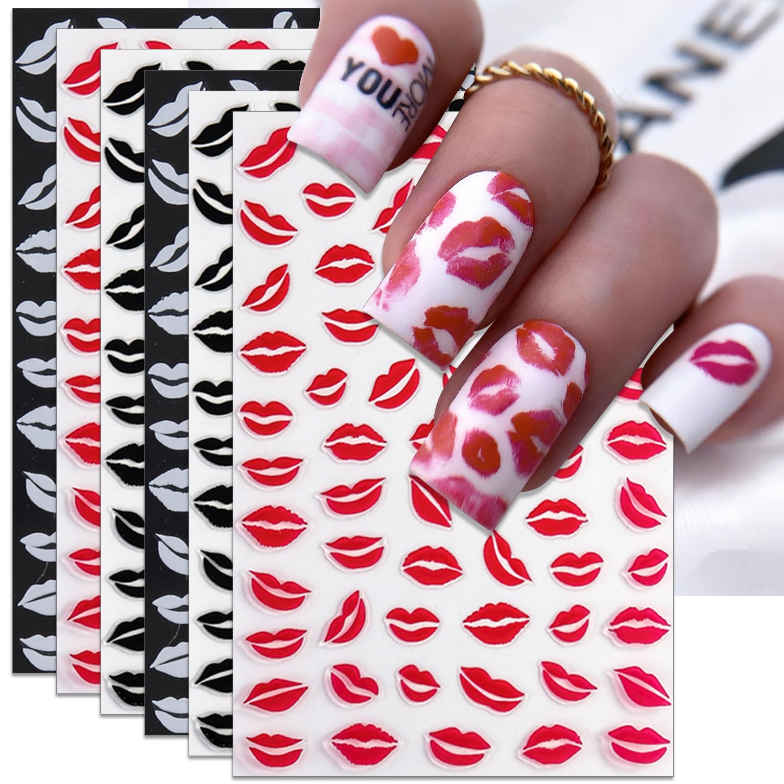 IDDFEVE 6 Sheets Lip Nail Stickers – Valentine Kiss Self-Adhesive Nail Decals for Bold Nail Art