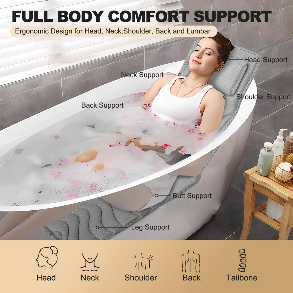 Idle Hippo Full Body Bath Pillow – Non-Slip Spa Cushion, 50 x 15 in, Grey
