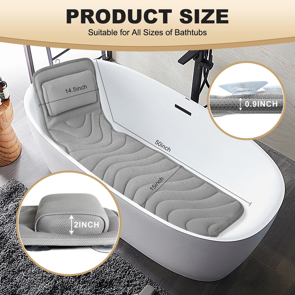 Idle Hippo Full Body Bath Pillow – Non-Slip Spa Cushion, 50 x 15 in, Grey