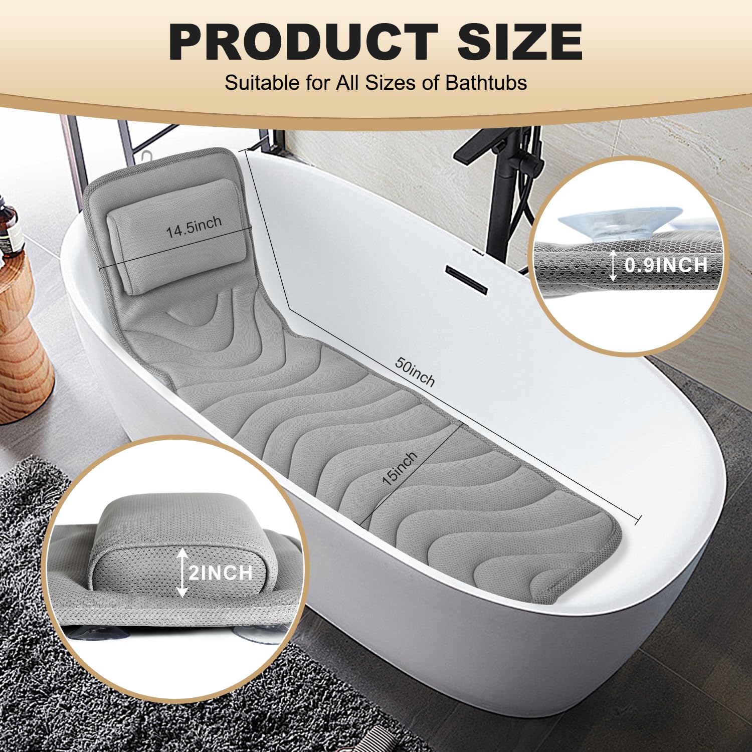 Idle Hippo Full Body Bath Pillow – Non-Slip Spa Cushion, 50 x 15 in, Grey