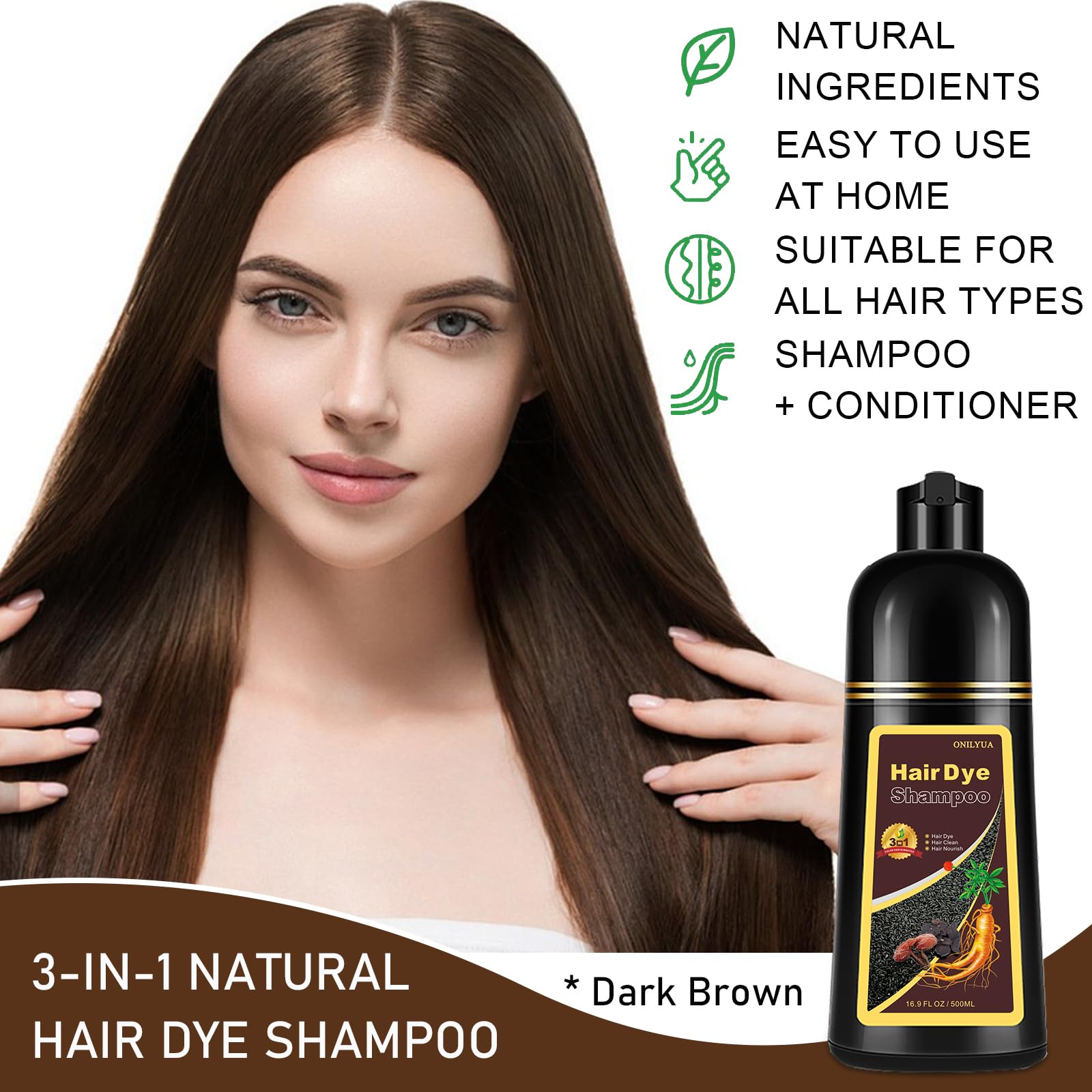 iemokoda Dark Brown Hair Dye Shampoo — 3-in-1 Color, 100% Gray Coverage in Minutes