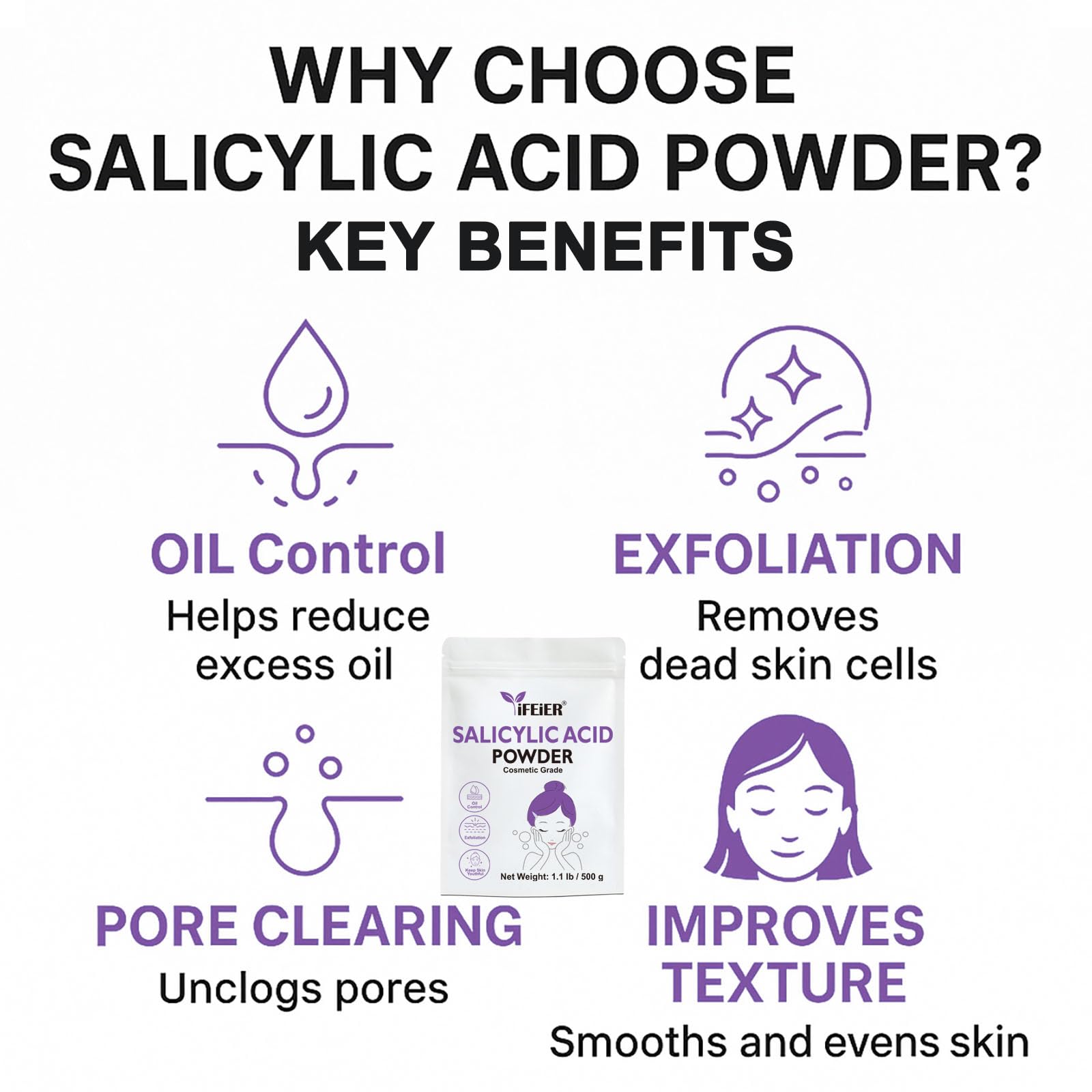 iFEiER Pure Salicylic Acid Powder – Cosmetic Grade 500 g for DIY Exfoliation, Skincare, Hair & Body