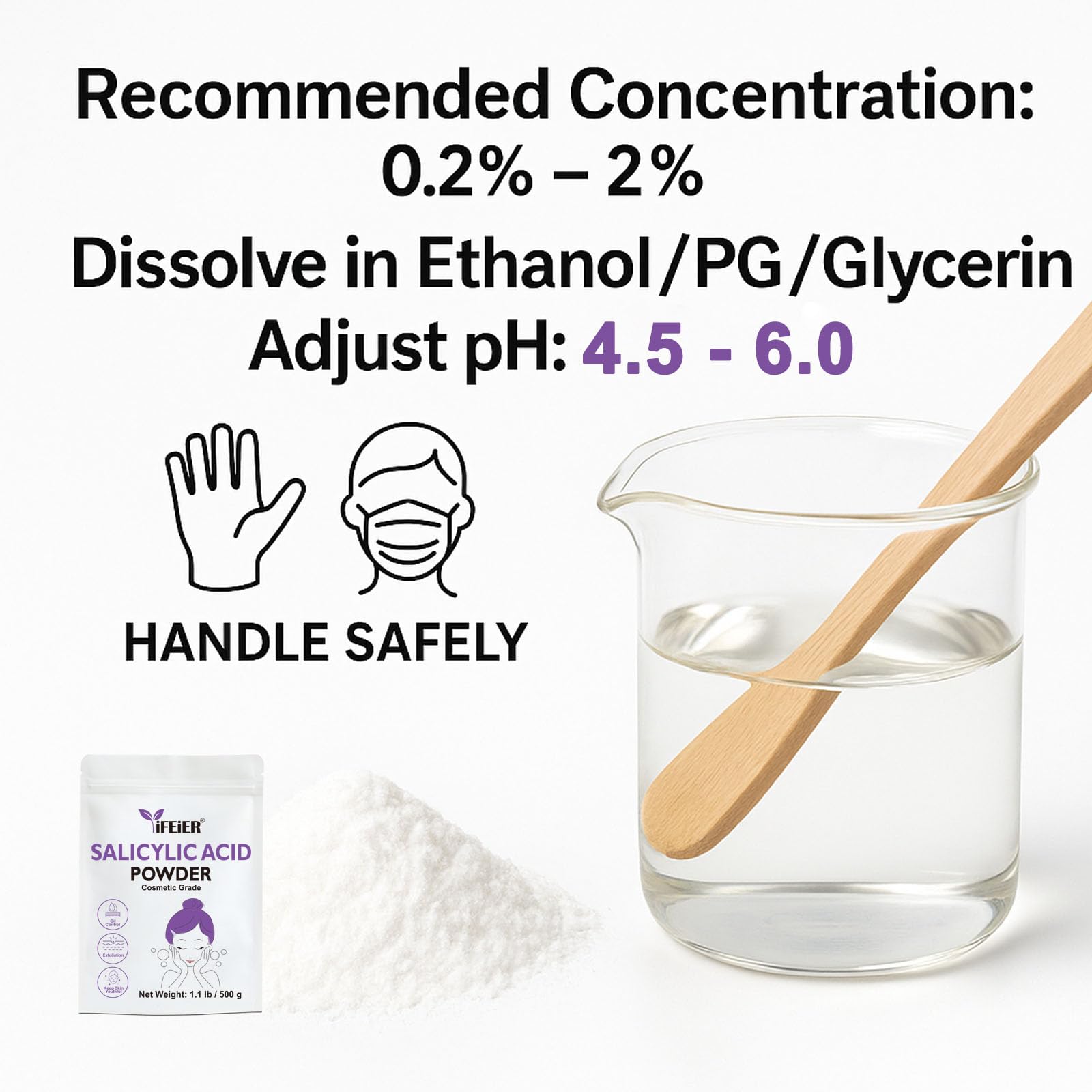 iFEiER Pure Salicylic Acid Powder – Cosmetic Grade 500 g for DIY Exfoliation, Skincare, Hair & Body