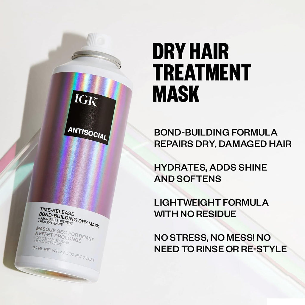 IGK Antisocial Dry Hair Mask – Overnight Bond-Building Leave-In Treatment for Dry Hair & Extensions