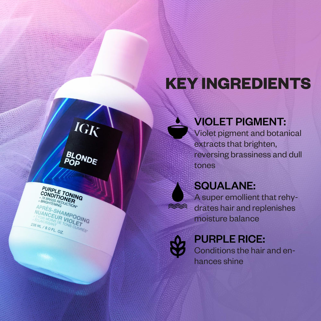 IGK Blonde Pop Purple Toning Conditioner | Neutralize Brass, Moisturize & Shine | Vegan + Cruelty-Free | 8 Oz