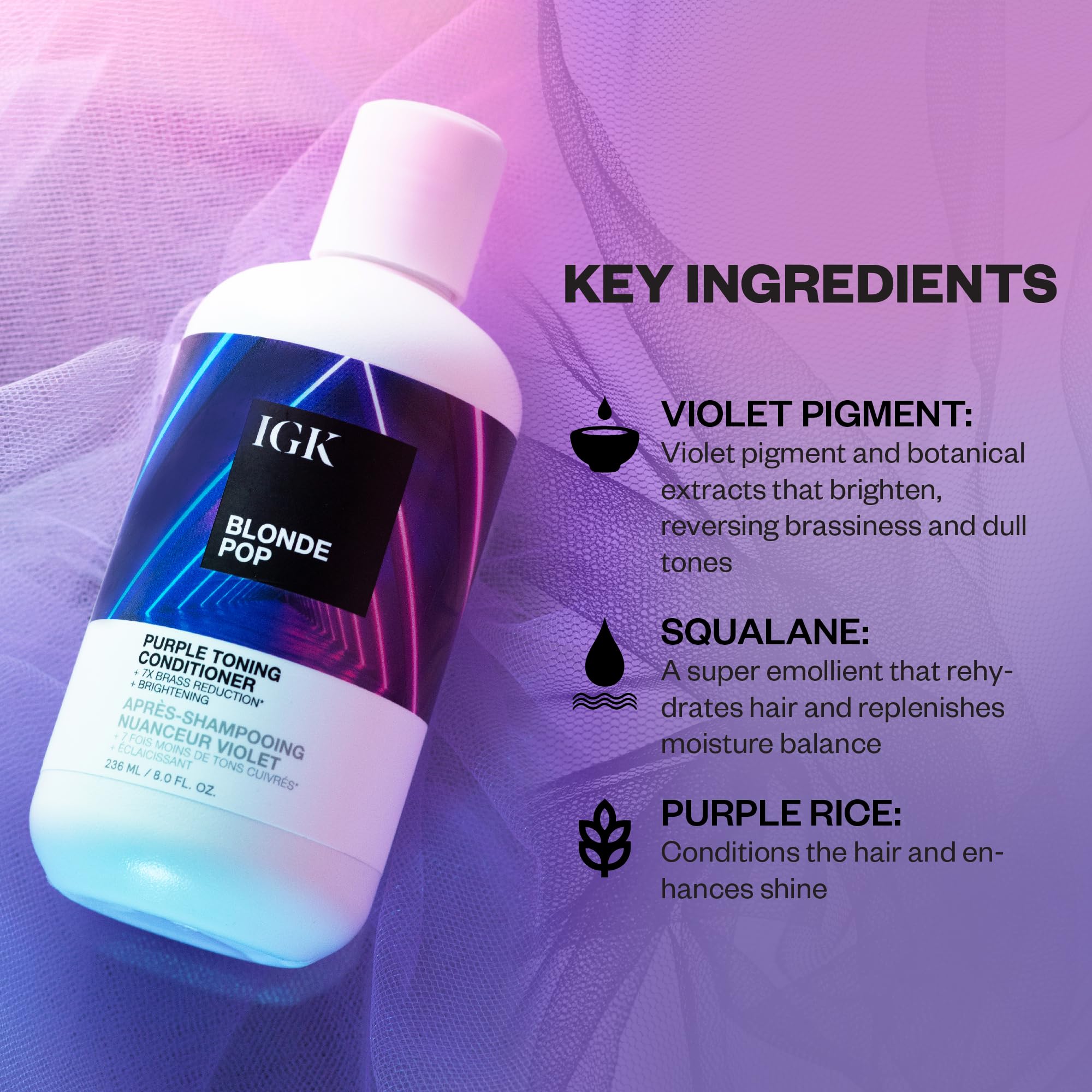 IGK Blonde Pop Purple Toning Conditioner | Neutralize Brass, Moisturize & Shine | Vegan + Cruelty-Free | 8 Oz