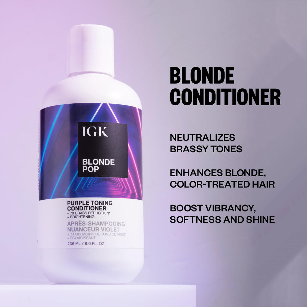 IGK Blonde Pop Purple Toning Conditioner | Neutralize Brass, Moisturize & Shine | Vegan + Cruelty-Free | 8 Oz