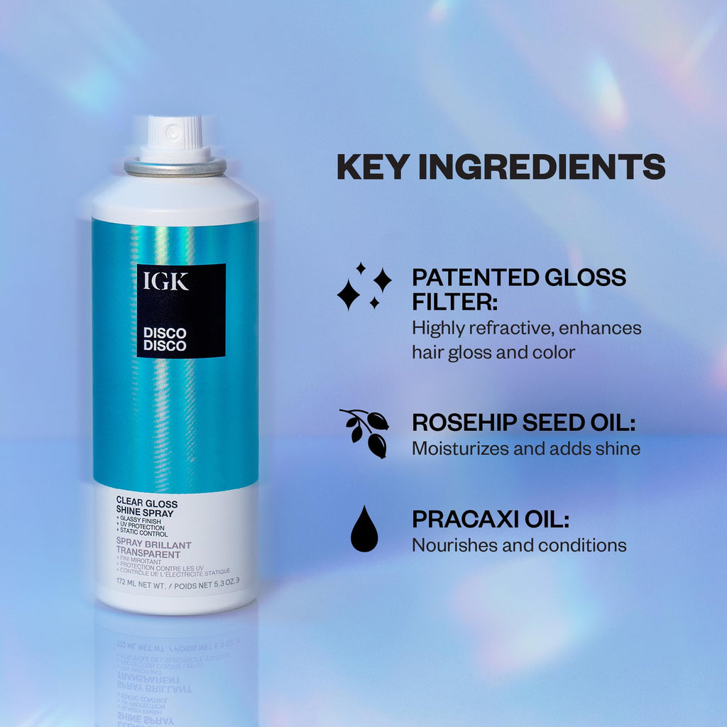IGK Disco Disco Clear Gloss Finishing Hair Spray – Moisturizes, Adds Shine & Color Protection – 5.3 oz